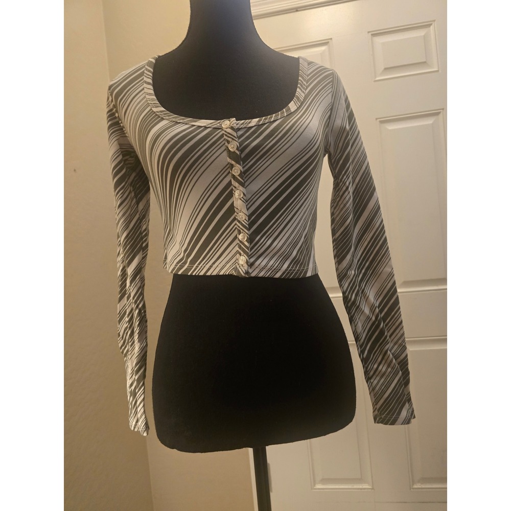 Forever 21 Olive Green White Striped Button Down Long Sleeve Crop Top XS NWT